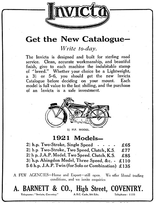 The 1921 Range Of Invicta Motor Cycles                           