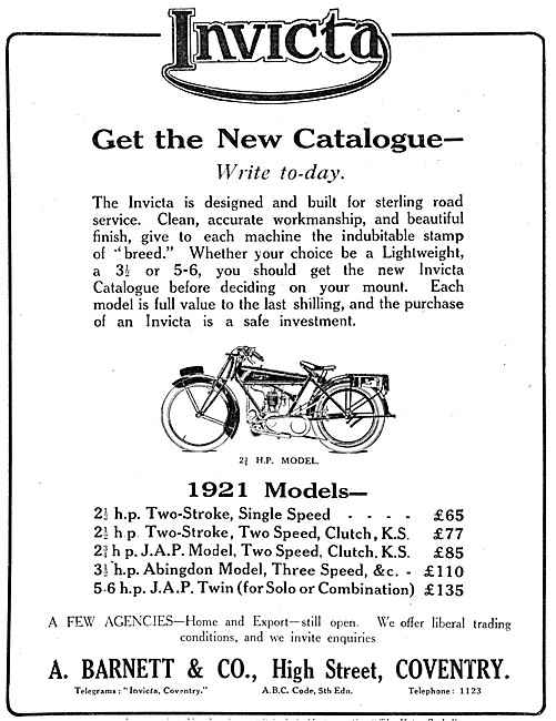 The 1921 Range Of Invicta Motor Cycles                           