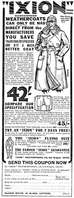 Ixion Motor Cycle Weathercoats 1929 Product Lines                