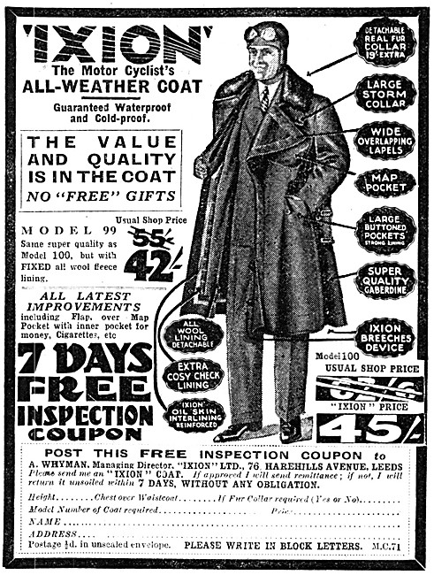 1930 Ixion All-Weather Motor Cycle Coats                         
