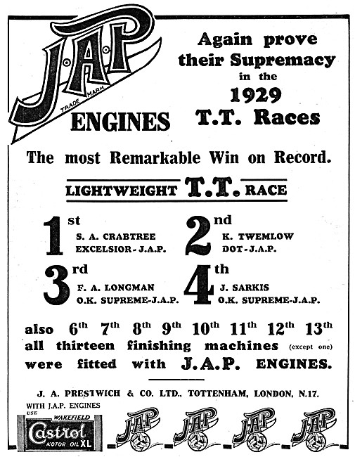 J.A.P. Motor Cycle Engines - JAP Engines 1929 Advert             