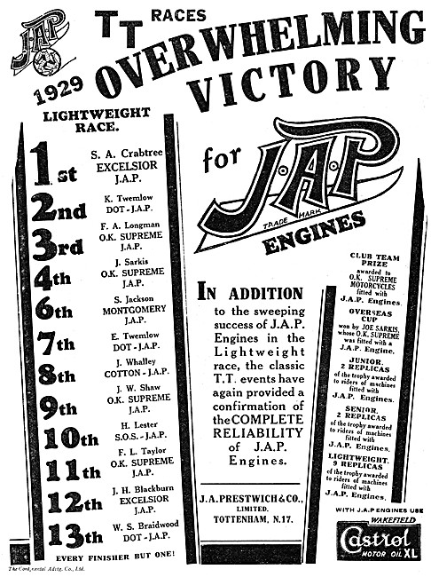 J.A.P. Motor Cycle Engines - JAP Engine Race Successes 1929      