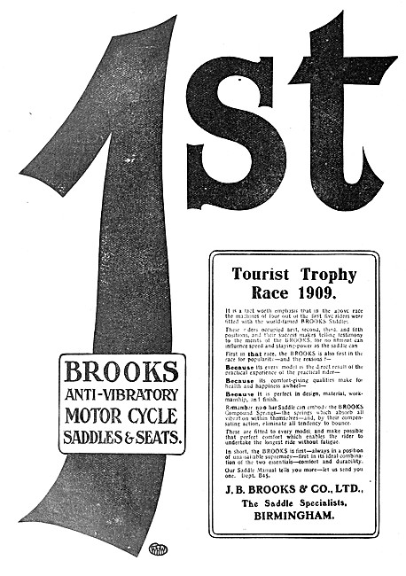 J.B.Brooks Motor Cycle Seats & Saddles 1909 Advert               