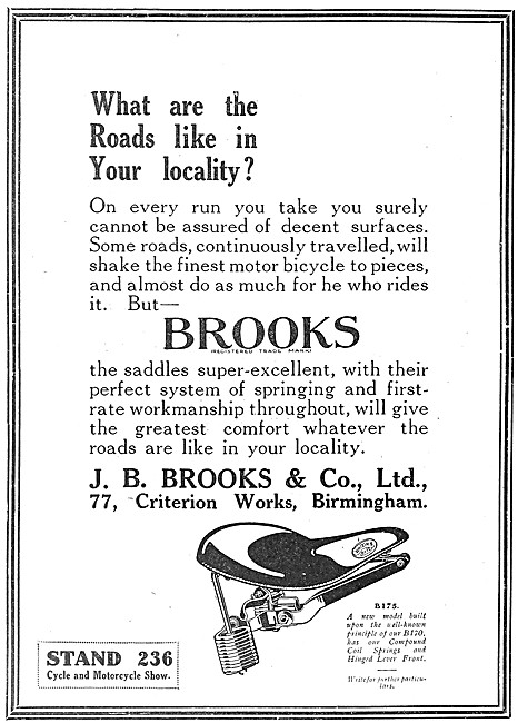 J.B.Brooks Motor Cycle Saddles 1919 Advert                       