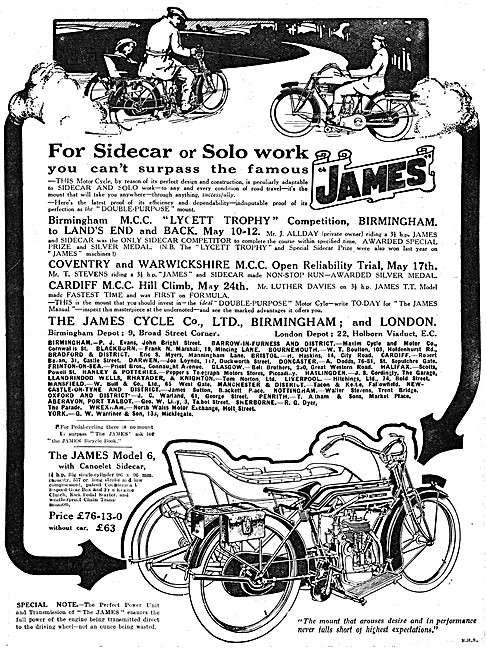James Model 6 Motorcycle With Canoelet Sidecar                   