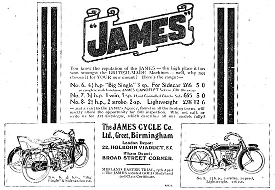 The 1916 Range Of James Motorcycles & Sidecars -  2.5 to 4 H.P.  