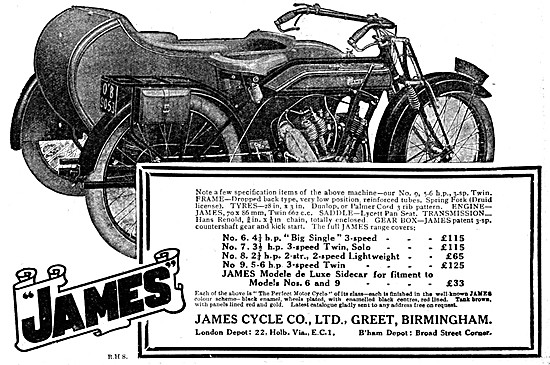 The 1920 Range Of James Solo & Sidecar Motorcycles               