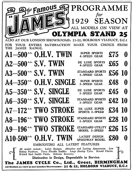 The James Motor Cycle Model Range 1928                           