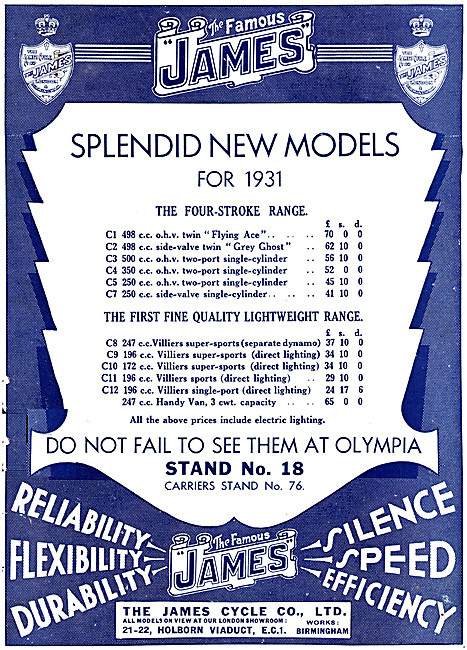 1931 James Motor Cycle Models & Prices                           