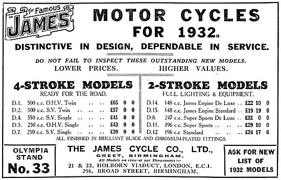 The James Motor Cycles Range For 1932 Two Strokes & Four Strokes 