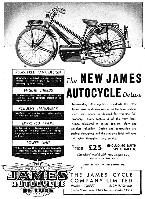 James Autocycle DeLuxe 98 cc 1939 Advert                         
