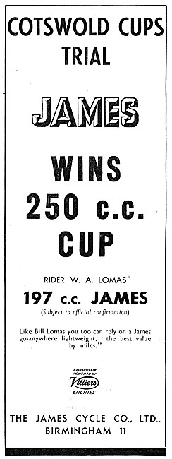 197 cc James Motor Cycle 1952 Cotswold Cup Trial Winner          
