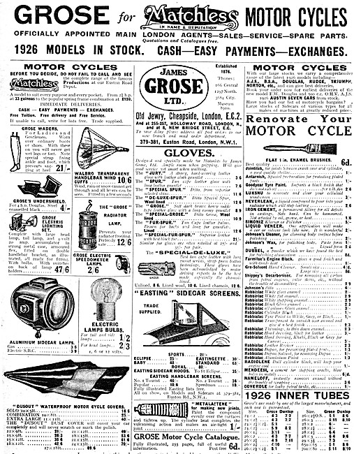 James Grose Motorcycle Sales & Parts Stockists 1925 advert       