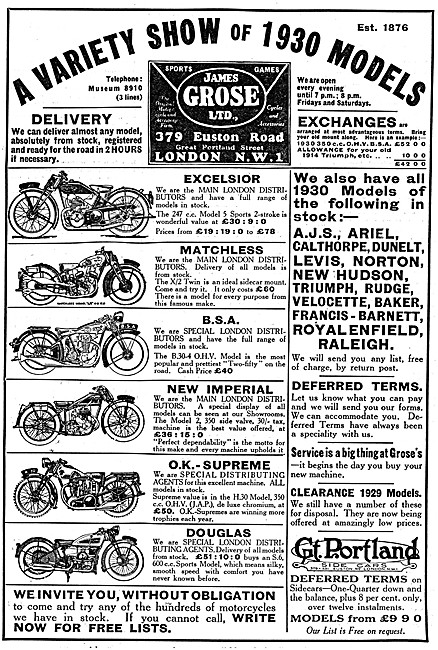 James Grose Motorcycle Sales & Parts Stockists 1930 Advert       