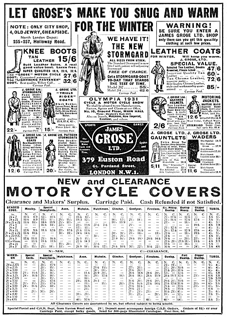 James Grose Motorcycle Sales & Parts Stockists 1931 Advert       