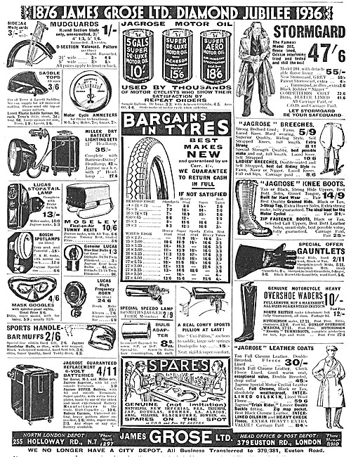 James Grose Motorcycle Sales & Parts Stockists 1936 Advert       
