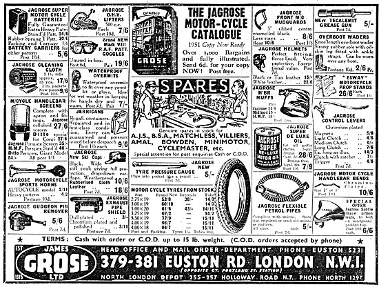 James Grose Motorcycle Sales & Parts Stockists 1951 Advert       