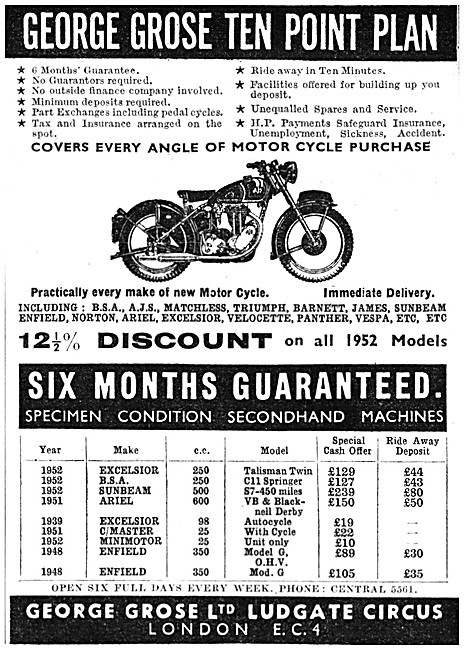 George Grose Motorcycle Sales. Ludgate Circus. 1952 Advert       