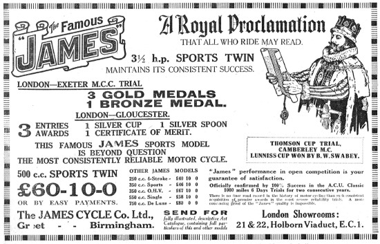 The 1927 Range Of James Motor Cycles - James 3.5hp Sports Twin   