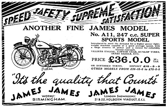 1929 James A11 247 cc Super Sports Motor Cycle                   