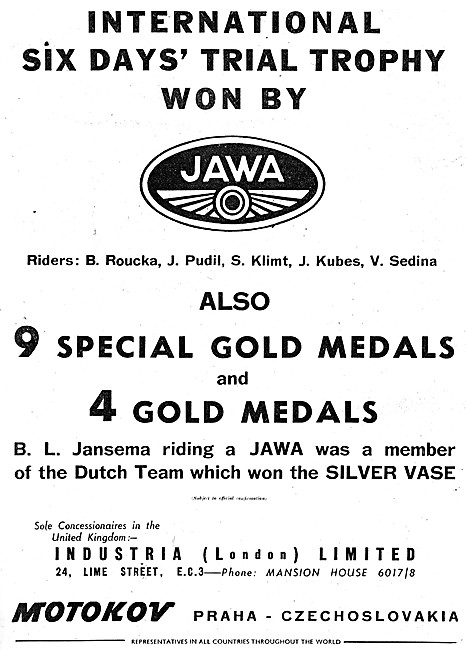 Jawa Motor Cycles 1954 ISDT Winners                              