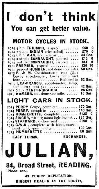 Julians Of Reading Motorcycle Sales & Service 1914               