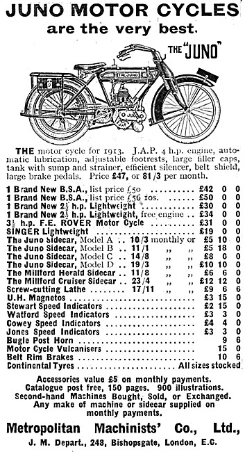 The 1913 Range Of Juno Motor Cycles & Sidecars                   
