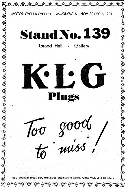 KLG Spark Plugs 1931 Advert                                      
