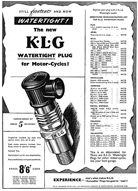 KLG Spark Plugs Motor Cycle Specification 1948 Listings          