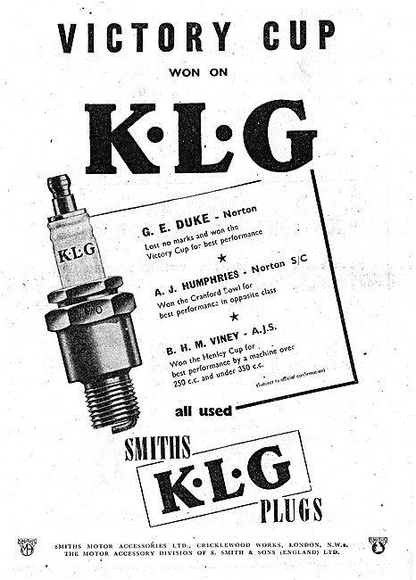 Smiths KLG Spark Motor Cycle Plugs 1950 Advert                   