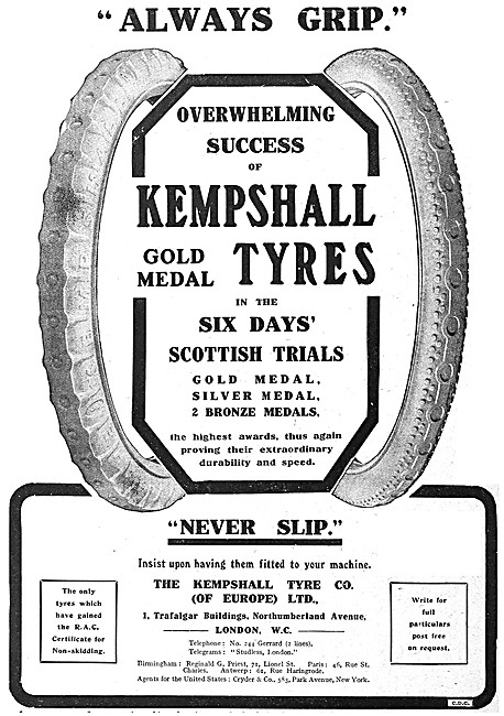 Kempshall Motorcycle Tyres 1910 Advert                           