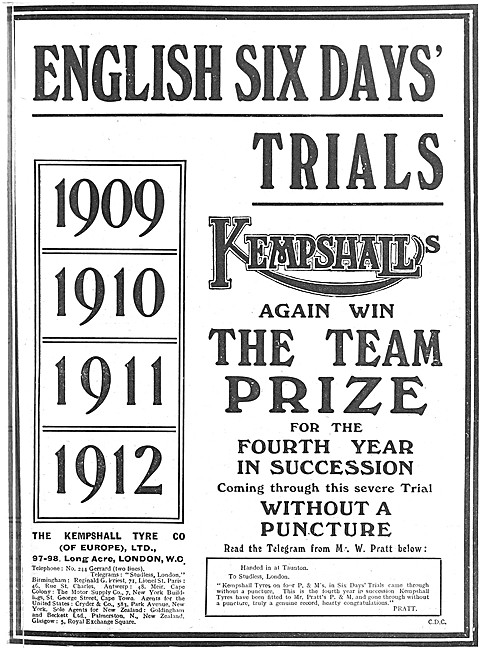 Kempshall Motor CycleTyres1912 Advert                            