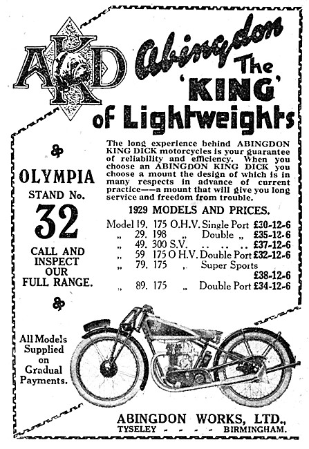 AKD Motor Cycles - The Abingdon King Dick Motor Cycle Range 1928 