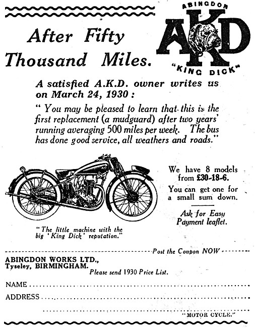 Abingdon King Dick Motor Cycles - AKD Motor Cycles 1930 Advert   