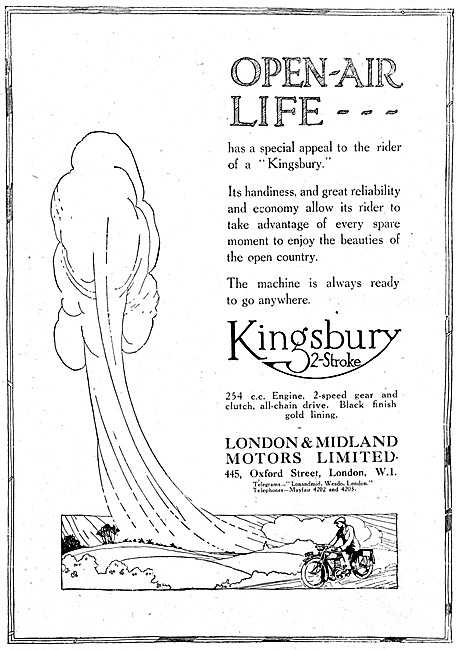 1920 KIngsbury Motor Cycles Advert                               