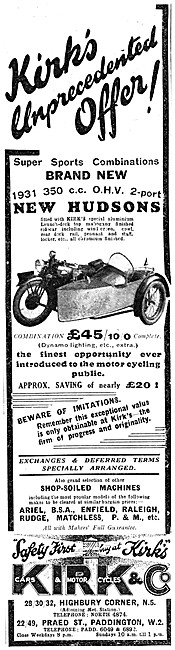 Kirk & Co Motor Cycle Sales. 28 Highbury Corner. 1931 Advert     