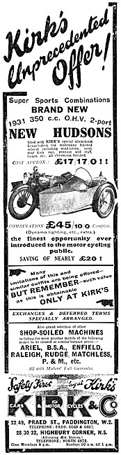 Kirk & Co Motor Cycle Sales. 22 Praed St, Paddington. 1931 Advert