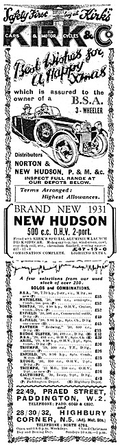 Kirk & Co Motor Cycle & Three Wheeler Car Sales & Service 1931 Ad