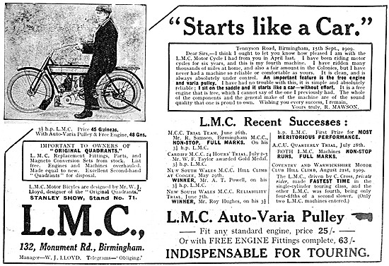 L.M.C. 3 1/2 hp Motor Cycle With Auto-Varia Pulley               