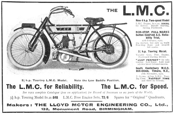 L.M.C. Touring Motor Cycles 1912 Advert                          