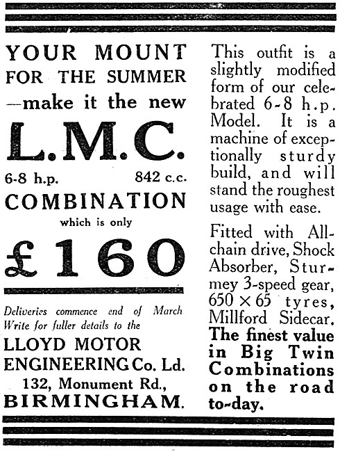 L.M.C. 6-8 hp 842 cc Motor Cycle 1921 Advert                     