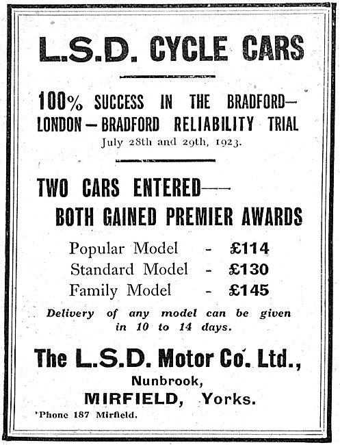 1923 L.S.D. Range Of Cyclecars - LSD Three Wheel Cyclecar        