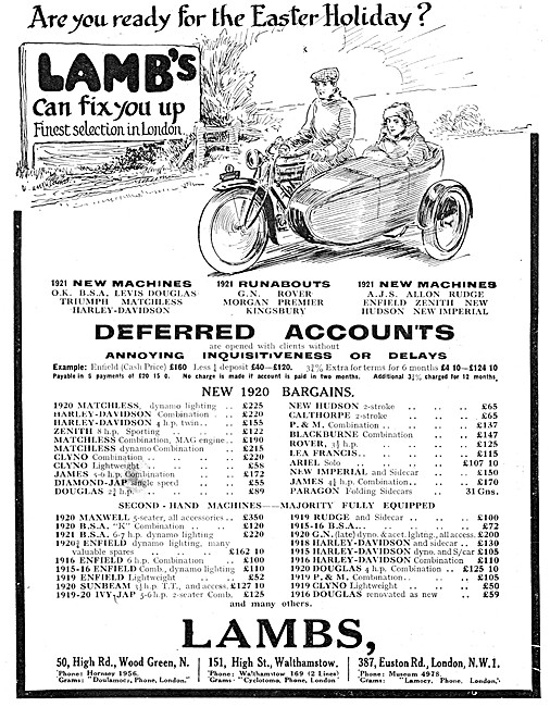 Lambs Motorcycle Sales 1921 Advert                               