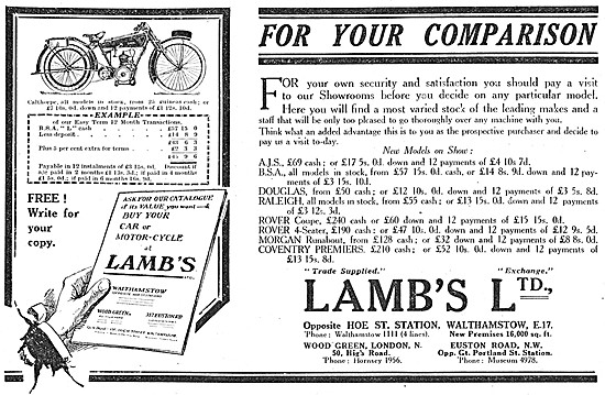 Lambs Motorcycle Sales Walthamstow 1923 Advert                   