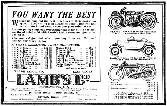Lambs Motorcycle Sales Walthamstow 1924 Advert                   