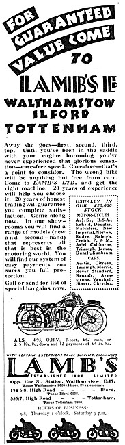 Lambs Motorcycle Sales & Services. Tottenham. 1929 Advert        