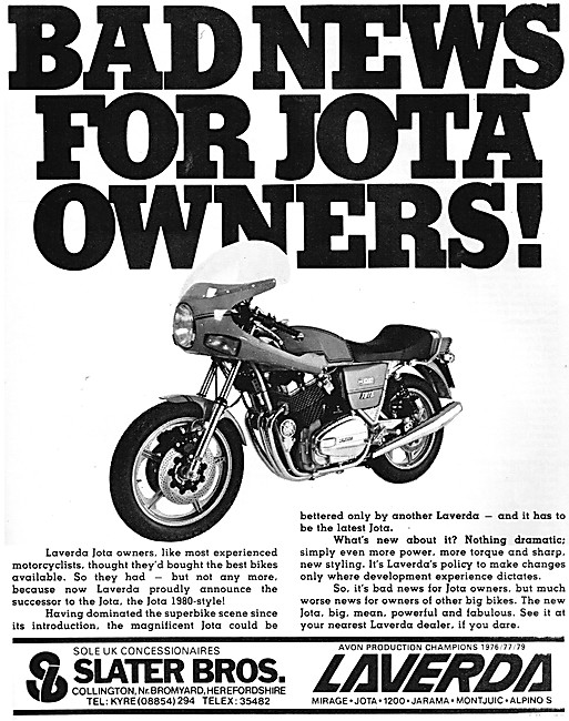 Laverda Motorcycles - Laverda Jota. Slater Bros Concessionaires  