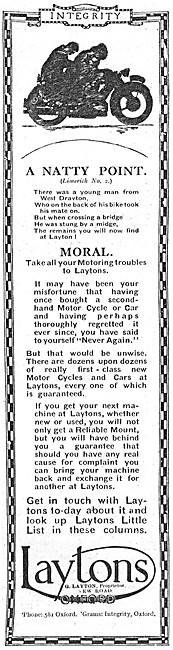 Laytons Of Oxford Motorcycle Sales 1927 Advert                   
