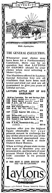 Laytons Of Oxford Motorcycle Sales 1929                          