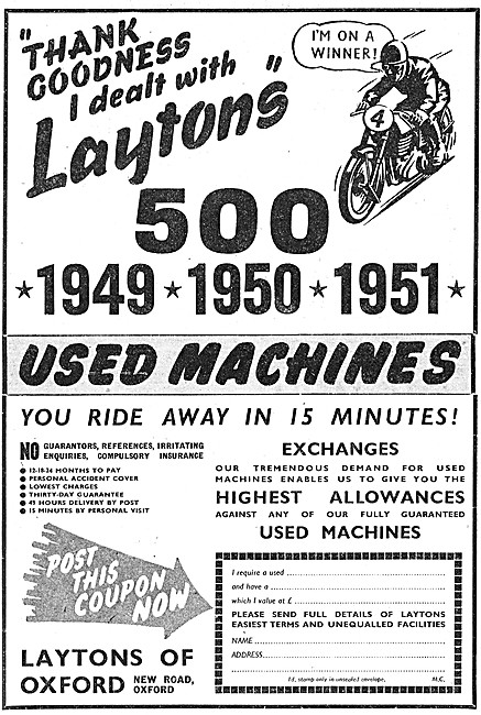 Laytons Of Oxford Motorcycle Sales 1951 Advert                   